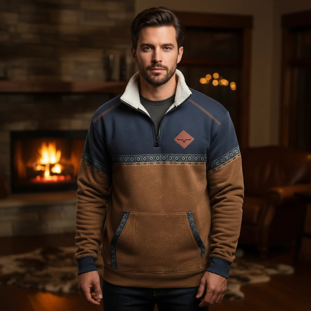 Men's Fleece Sweater with Quarter-Zip, Sherpa Collar & Kangaroo Pocket 1
