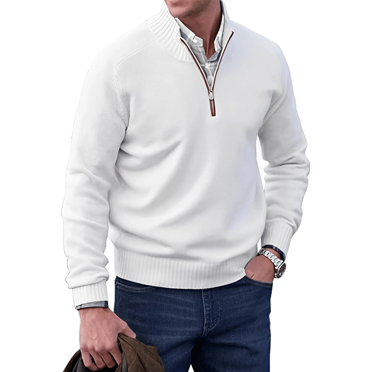 Men's Half-Zip Sweater with Stand-Up Cone Collar and Regular Fit 0