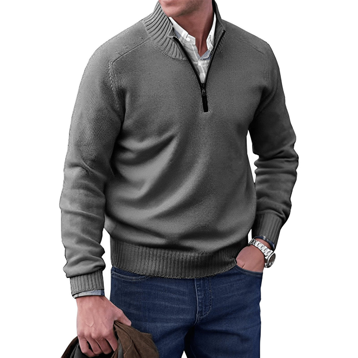 Men's Half-Zip Sweater with Stand-Up Cone Collar and Regular Fit 6
