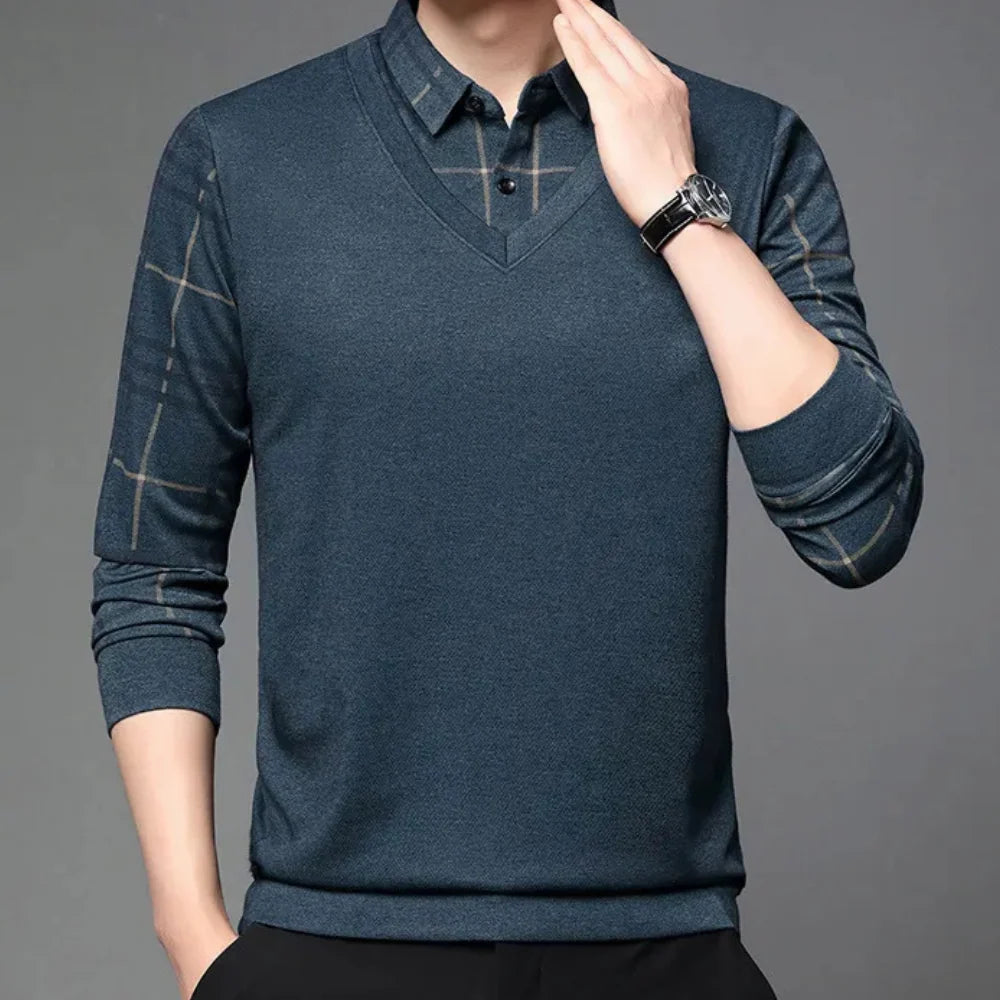 Men's Layered V-Neck Sweater with Printed Sleeve Details 0