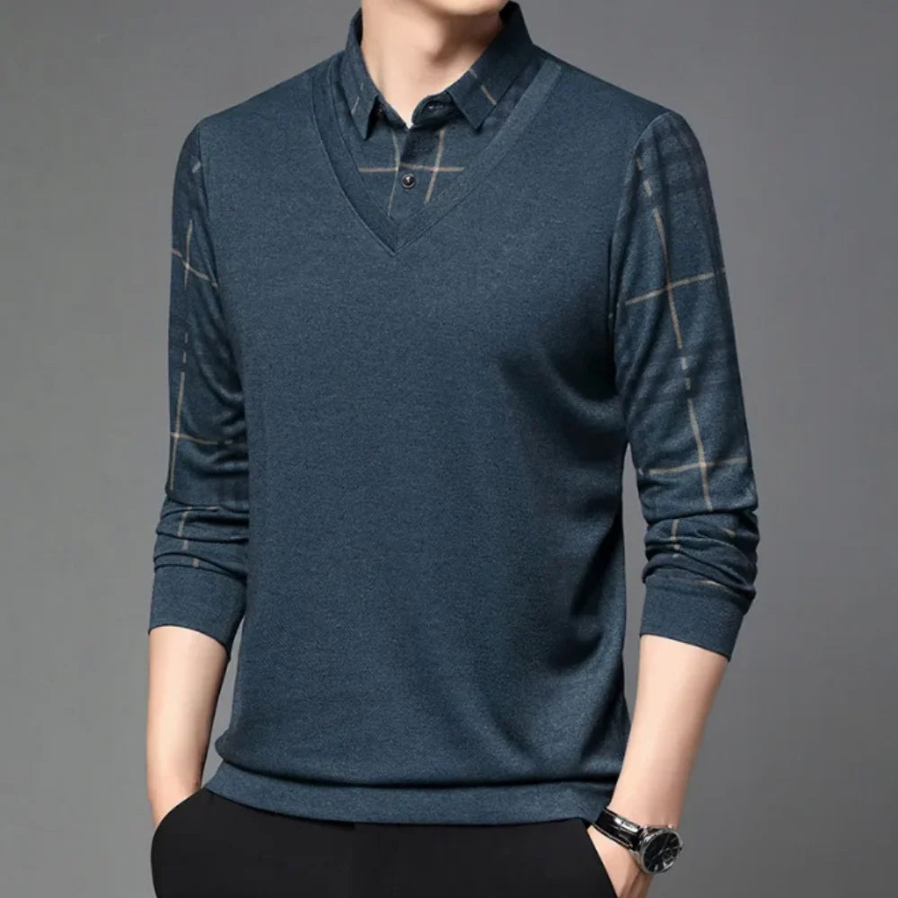 Men's Layered V-Neck Sweater with Printed Sleeve Details 1