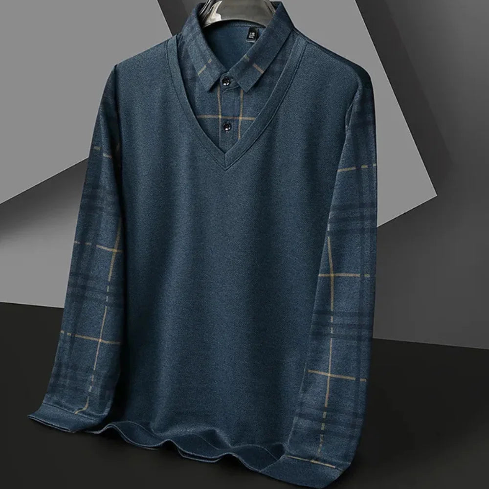 Men's Layered V-Neck Sweater with Printed Sleeve Details 2
