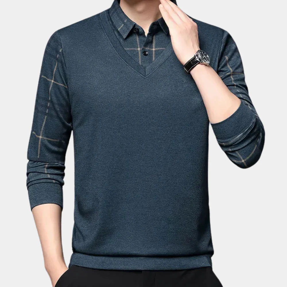 Men's Layered V-Neck Sweater with Printed Sleeve Details 4