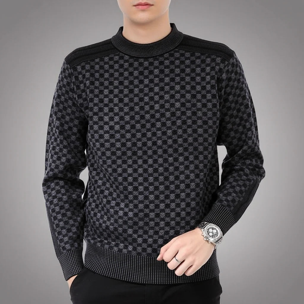 Men's Printed Knit Sweater with Round Neck and Ribbed Trim 0