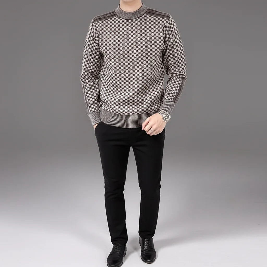 Men's Printed Knit Sweater with Round Neck and Ribbed Trim 1