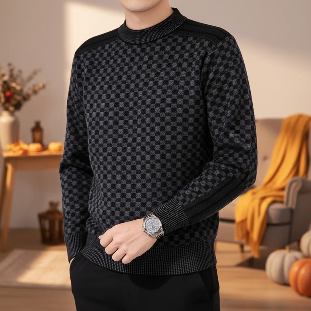 Men's Printed Knit Sweater with Round Neck and Ribbed Trim 2