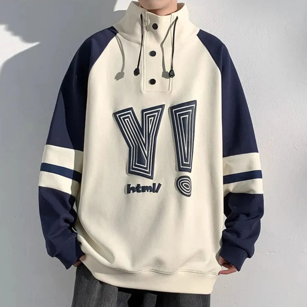 Men's Pullover Sweatshirt with Stand-Up Collar and Printed Front 0