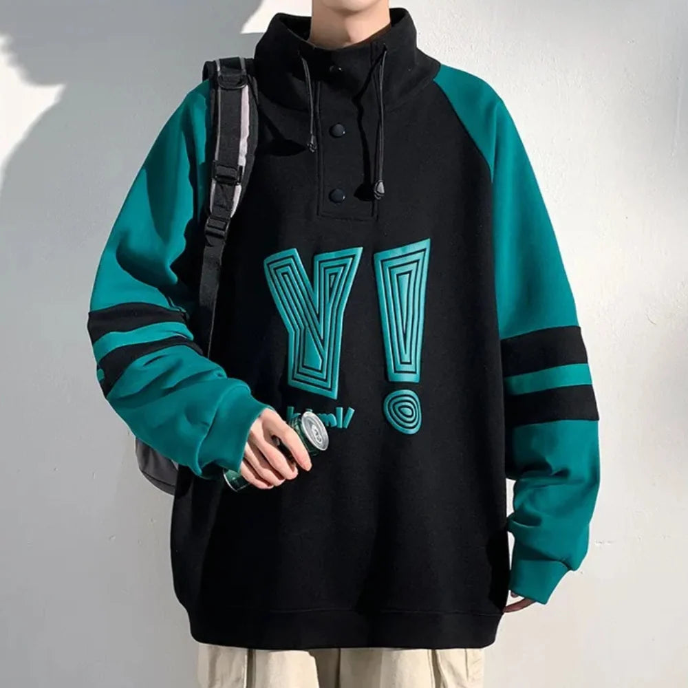 Men's Pullover Sweatshirt with Stand-Up Collar and Printed Front 1