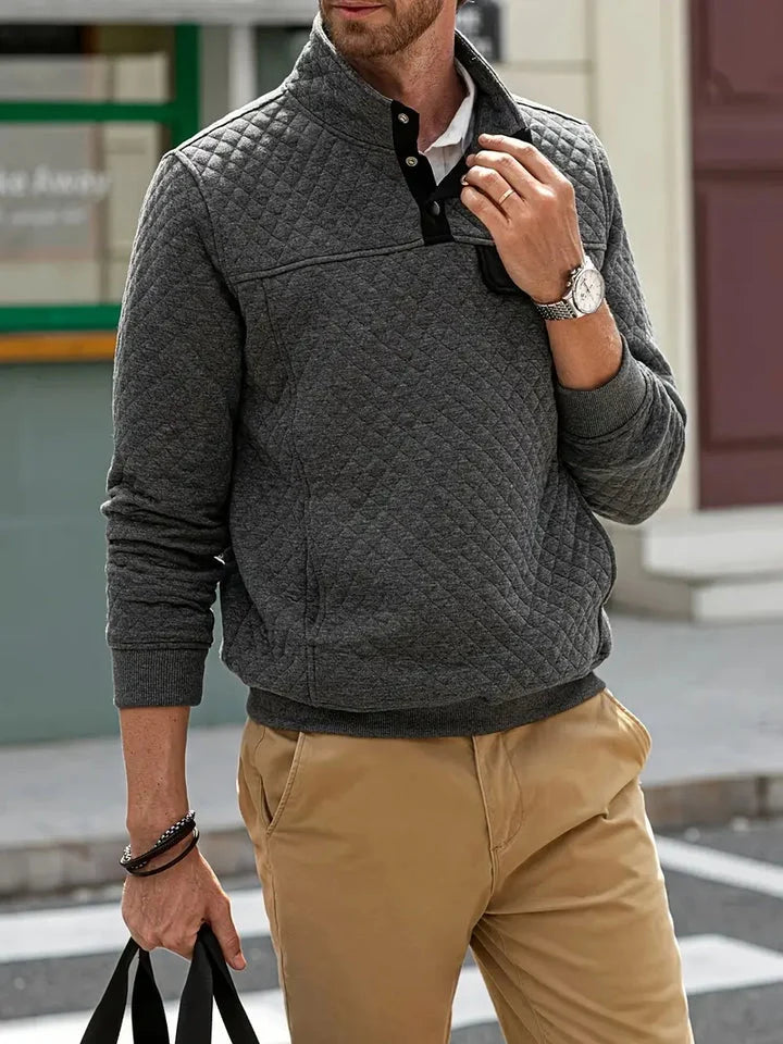 Men's Quilted Knit Pullover with Stand-Up Button Collar and Pockets 0