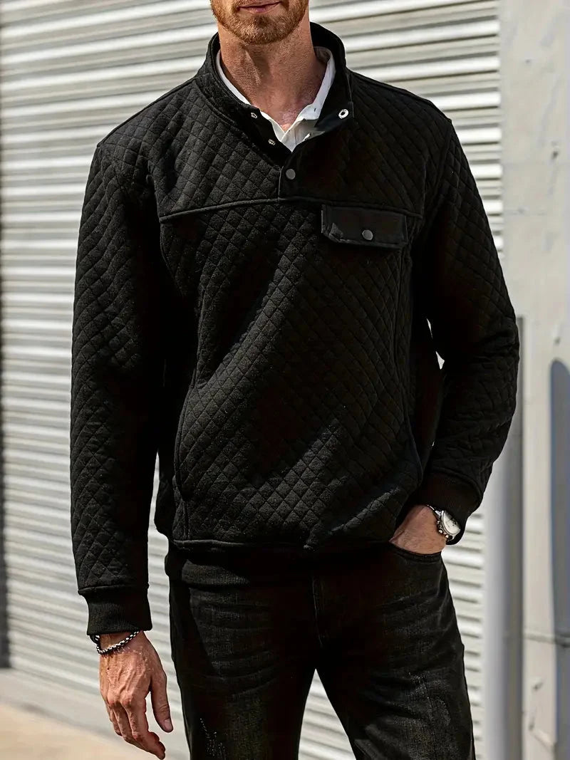 Men's Quilted Knit Pullover with Stand-Up Button Collar and Pockets 1