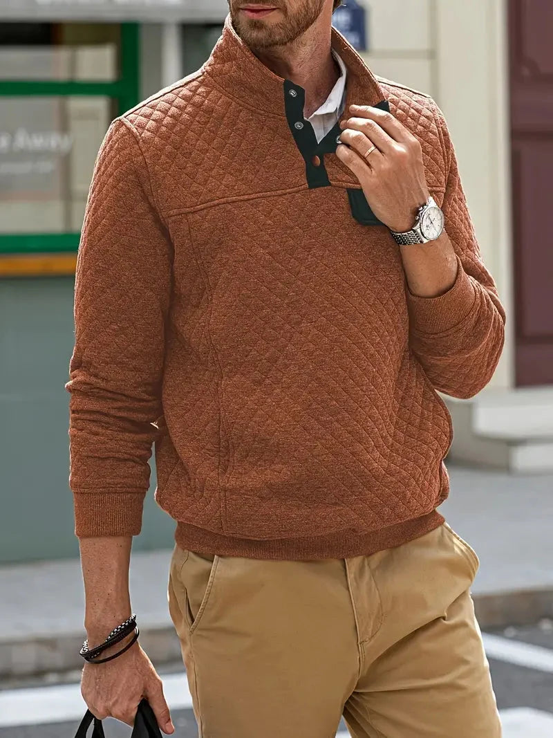 Men's Quilted Knit Pullover with Stand-Up Button Collar and Pockets 2