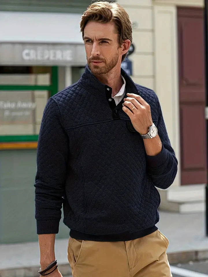 Men's Quilted Knit Pullover with Stand-Up Button Collar and Pockets 4