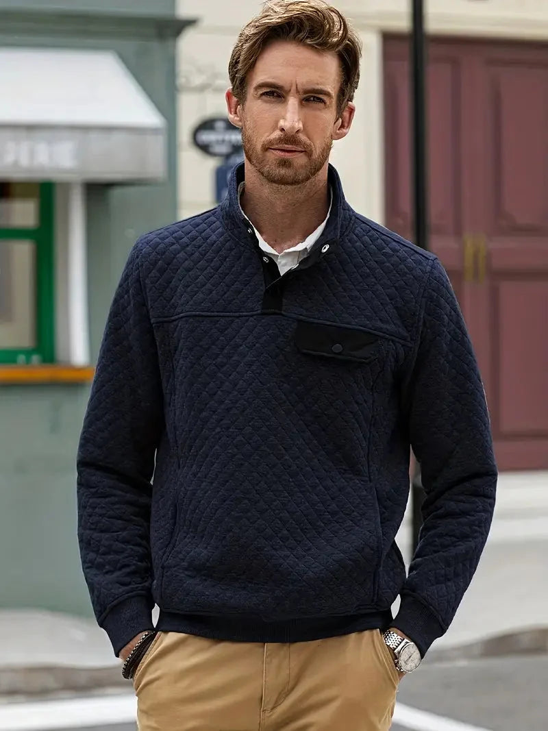 Men's Quilted Knit Pullover with Stand-Up Button Collar and Pockets 5