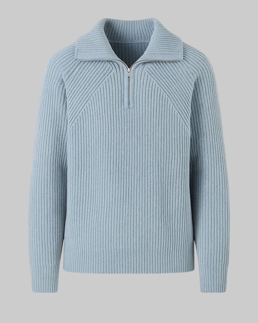 Men's Ribbed Knit Sweater with Wide Collar and Half Zip 0