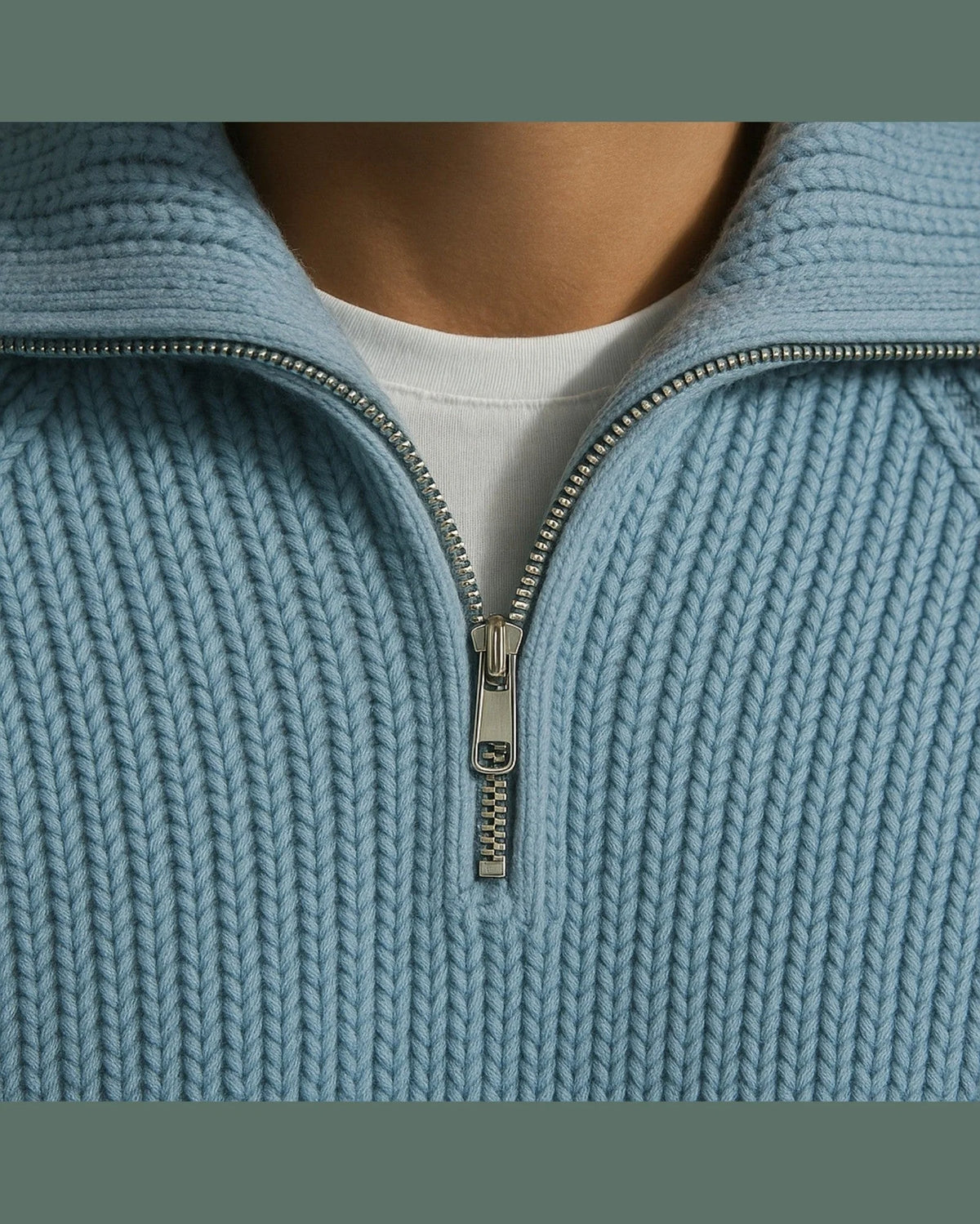 Men's Ribbed Knit Sweater with Wide Collar and Half Zip 1