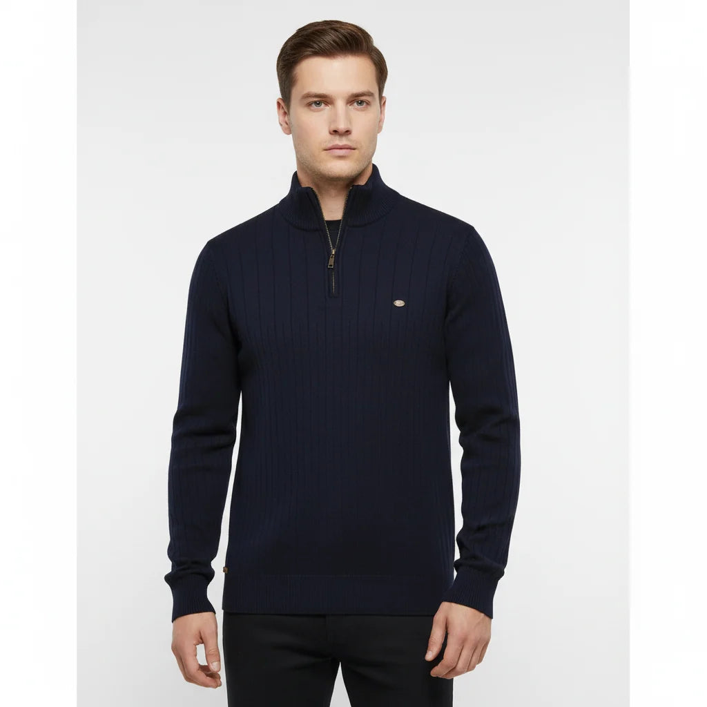 Men's Ribbed Quarter Zip Sweater with Stand-Up Collar for Everyday Wear 0