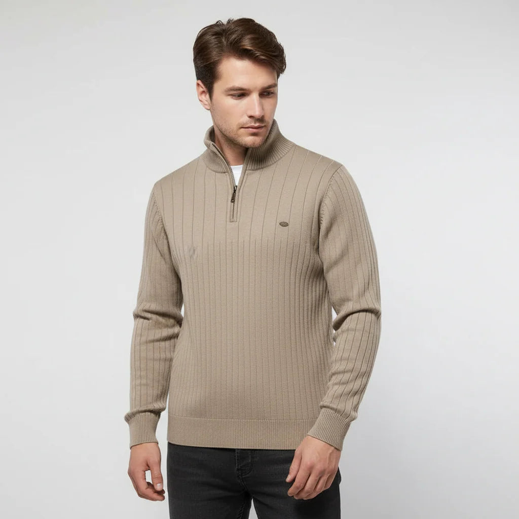 Men's Ribbed Quarter Zip Sweater with Stand-Up Collar for Everyday Wear 1