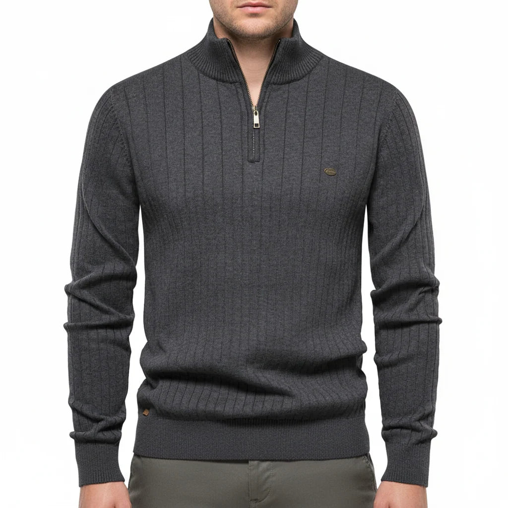 Men's Ribbed Quarter Zip Sweater with Stand-Up Collar for Everyday Wear 2