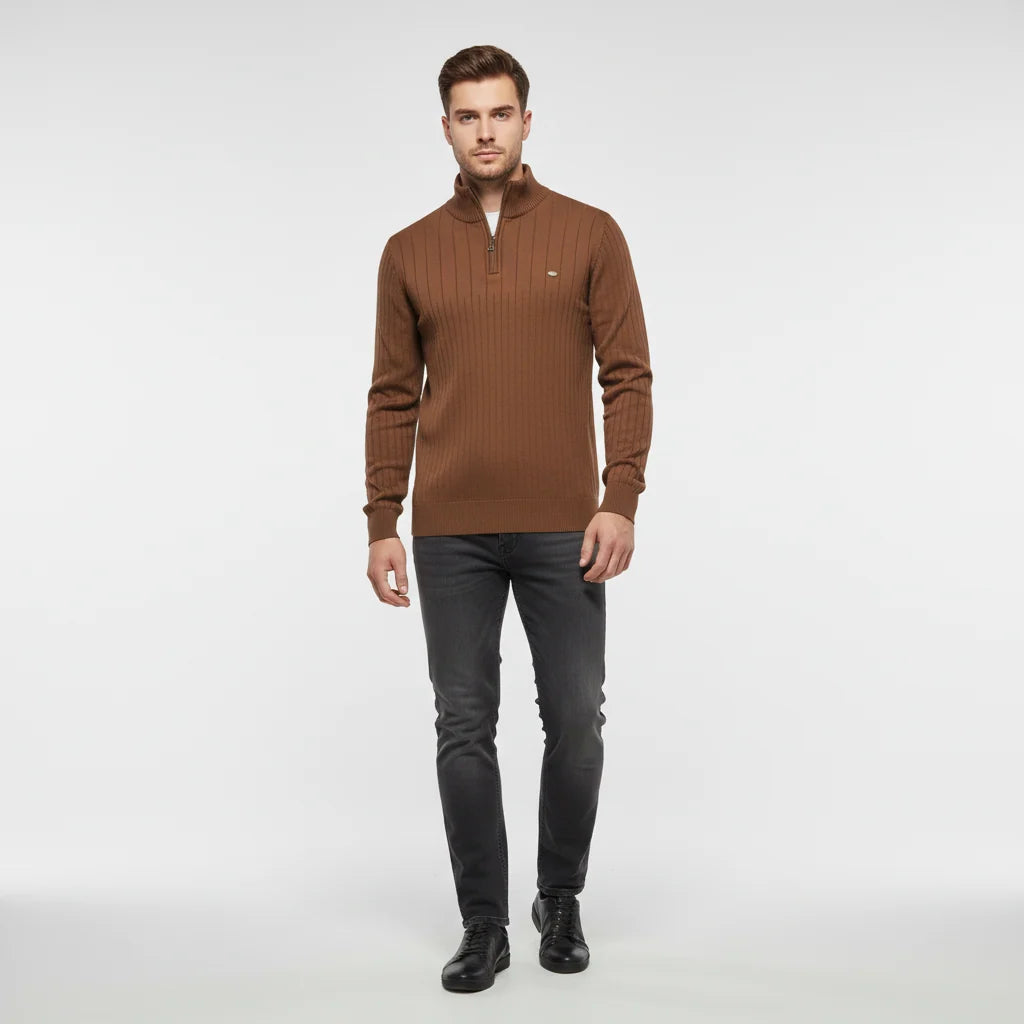 Men's Ribbed Quarter Zip Sweater with Stand-Up Collar for Everyday Wear 4