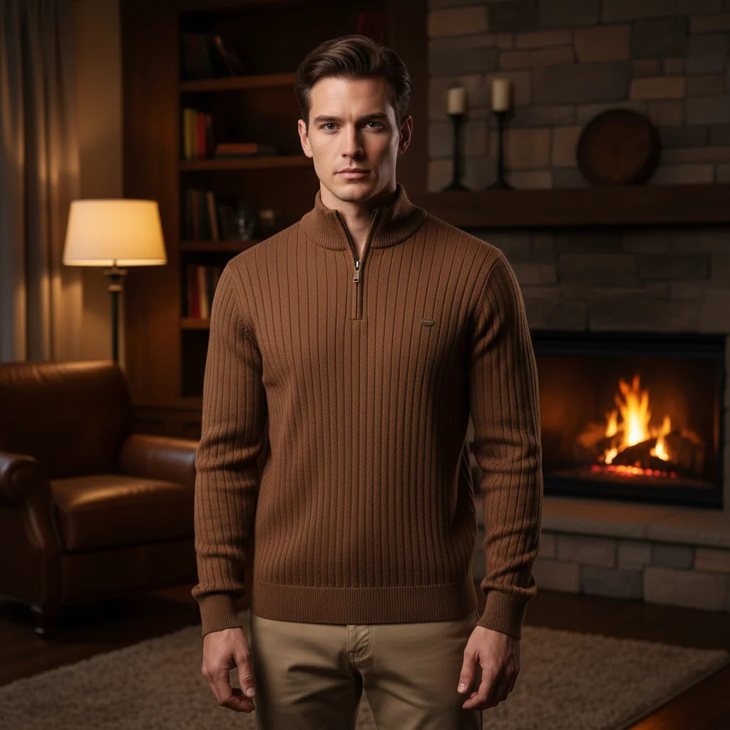Men's Ribbed Quarter Zip Sweater with Stand-Up Collar for Everyday Wear 5