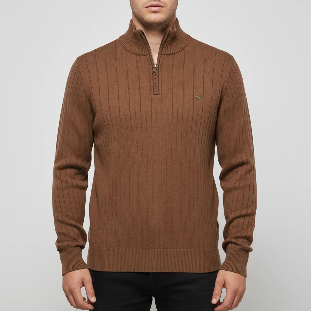 Men's Ribbed Quarter Zip Sweater with Stand-Up Collar for Everyday Wear 6