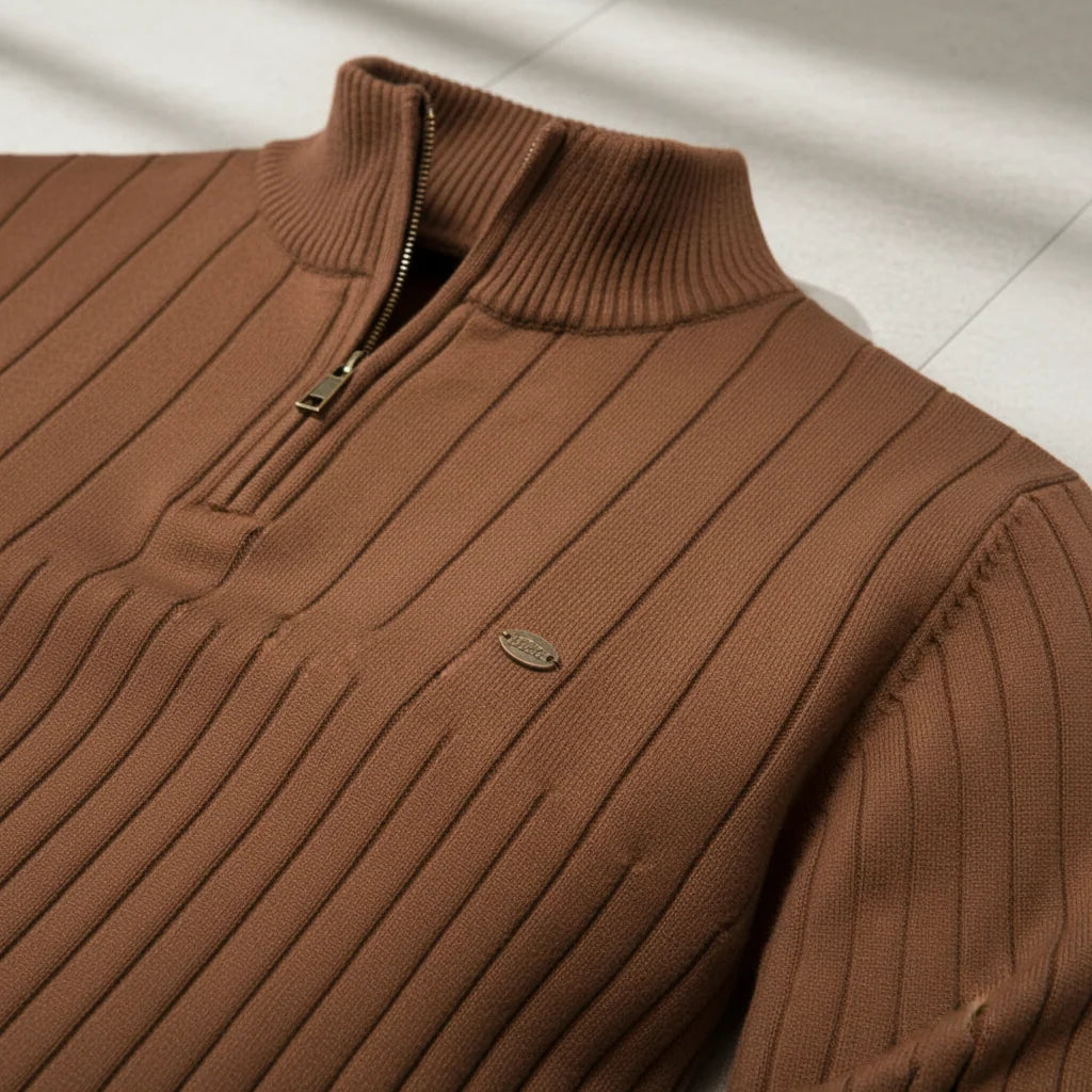 Men's Ribbed Quarter Zip Sweater with Stand-Up Collar for Everyday Wear 7
