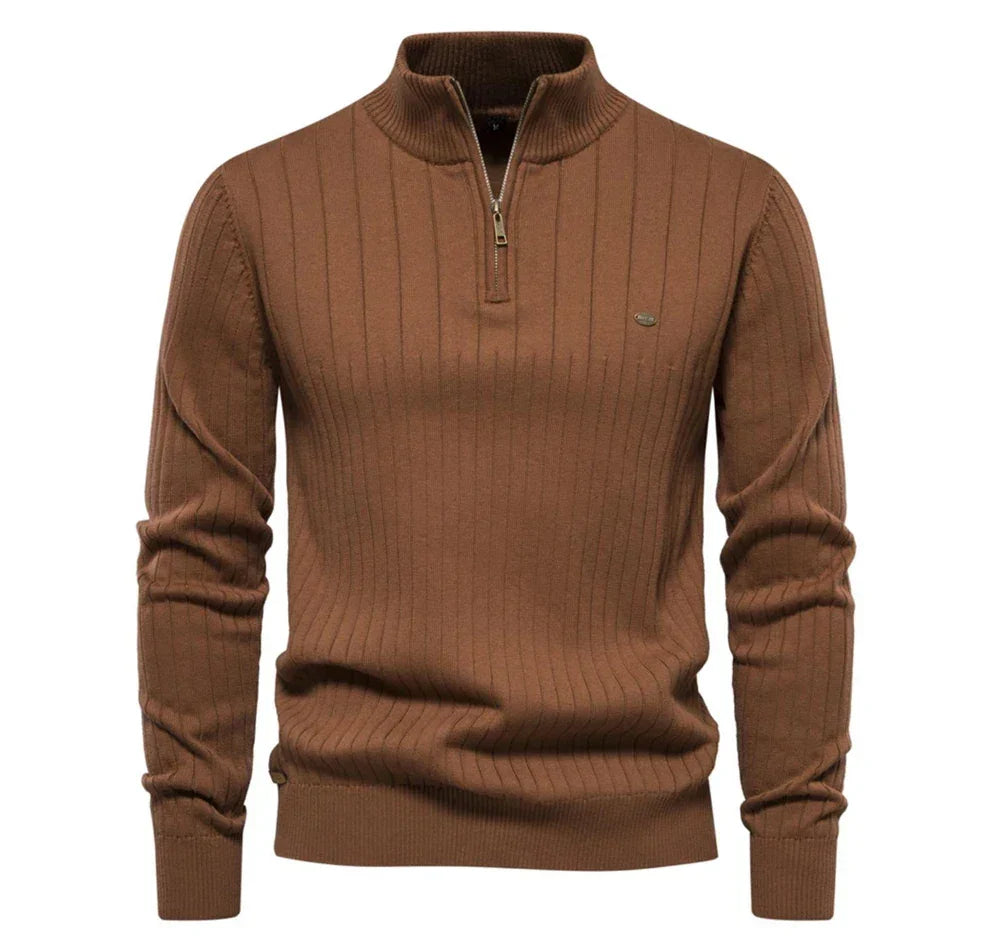 Men's Ribbed Quarter Zip Sweater with Stand-Up Collar for Everyday Wear 8