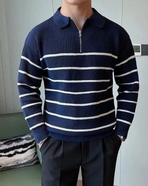 Men's Ribbed Sweater with Polo Collar and Half Zip 0