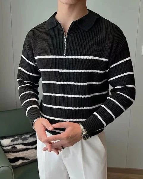 Men's Ribbed Sweater with Polo Collar and Half Zip 1
