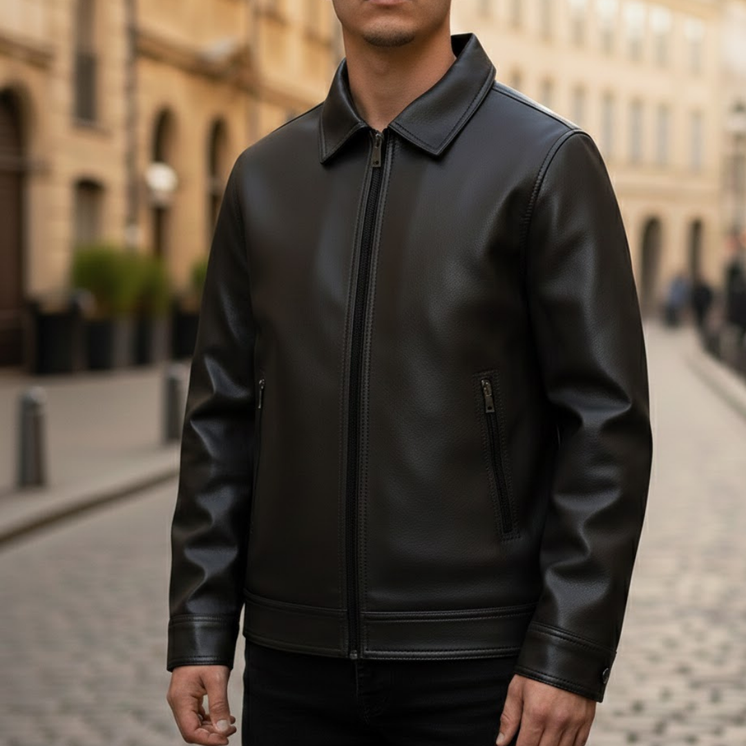 Men's vegan suede bomber jacket featuring a stylish ribbed collar and a front zipper, perfect for a trendy and eco-friendly look. 1