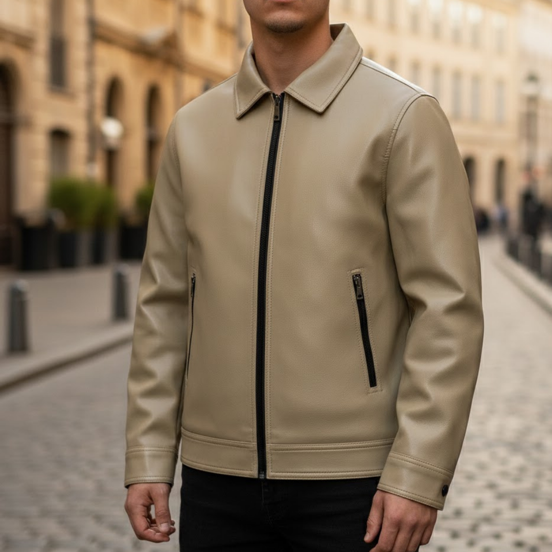 Men's vegan suede bomber jacket featuring a stylish ribbed collar and a front zipper, perfect for a trendy and eco-friendly look. 2