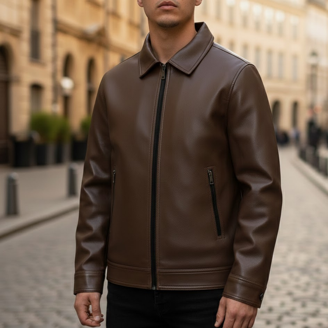 Men's vegan suede bomber jacket featuring a stylish ribbed collar and a front zipper, perfect for a trendy and eco-friendly look. 4
