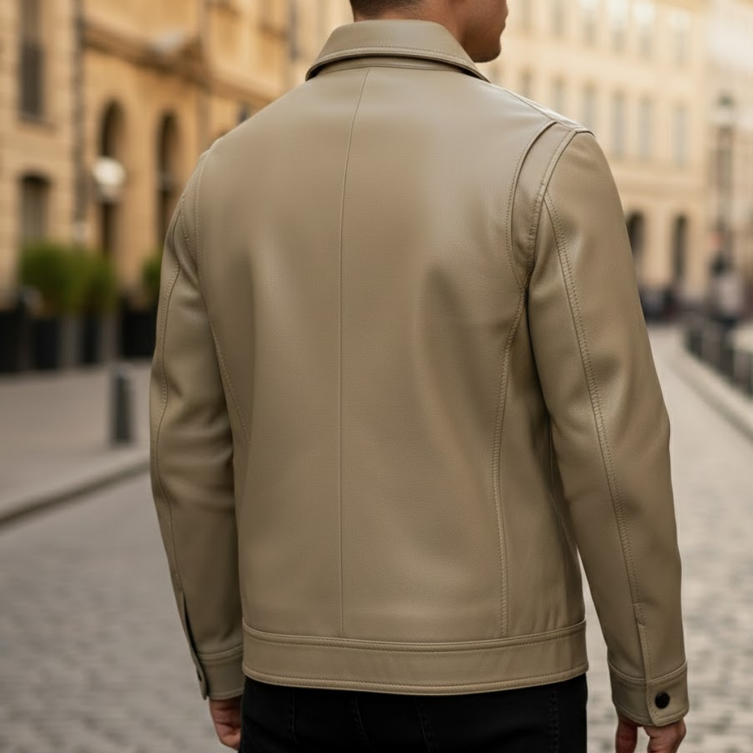 Men's vegan suede bomber jacket featuring a stylish ribbed collar and a front zipper, perfect for a trendy and eco-friendly look. 6