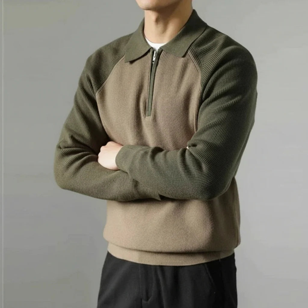 Men's Zip-Up Knitted Polo Sweater with Raglan Sleeves 1