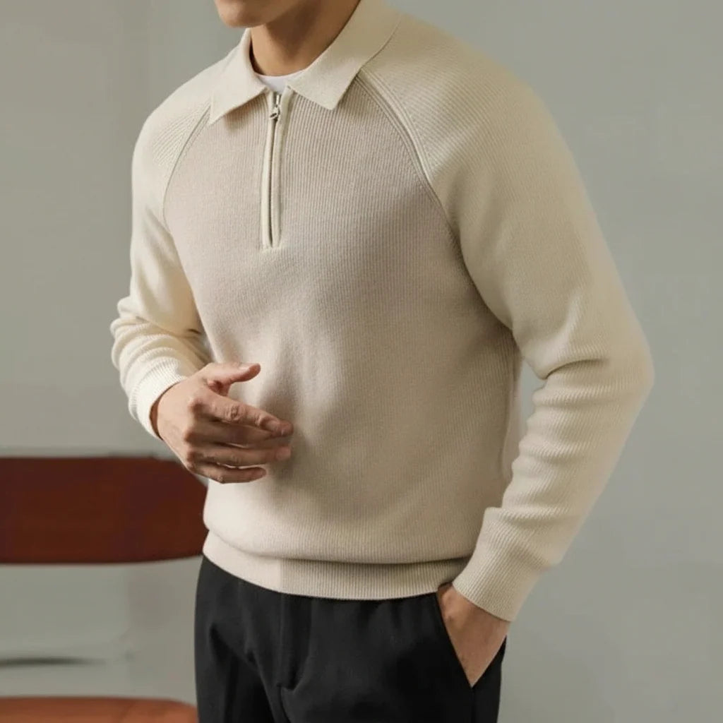 Men's Zip-Up Knitted Polo Sweater with Raglan Sleeves 2