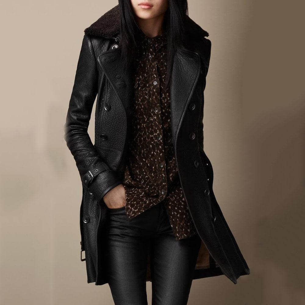 Leather-Look Coat with Plush Collar