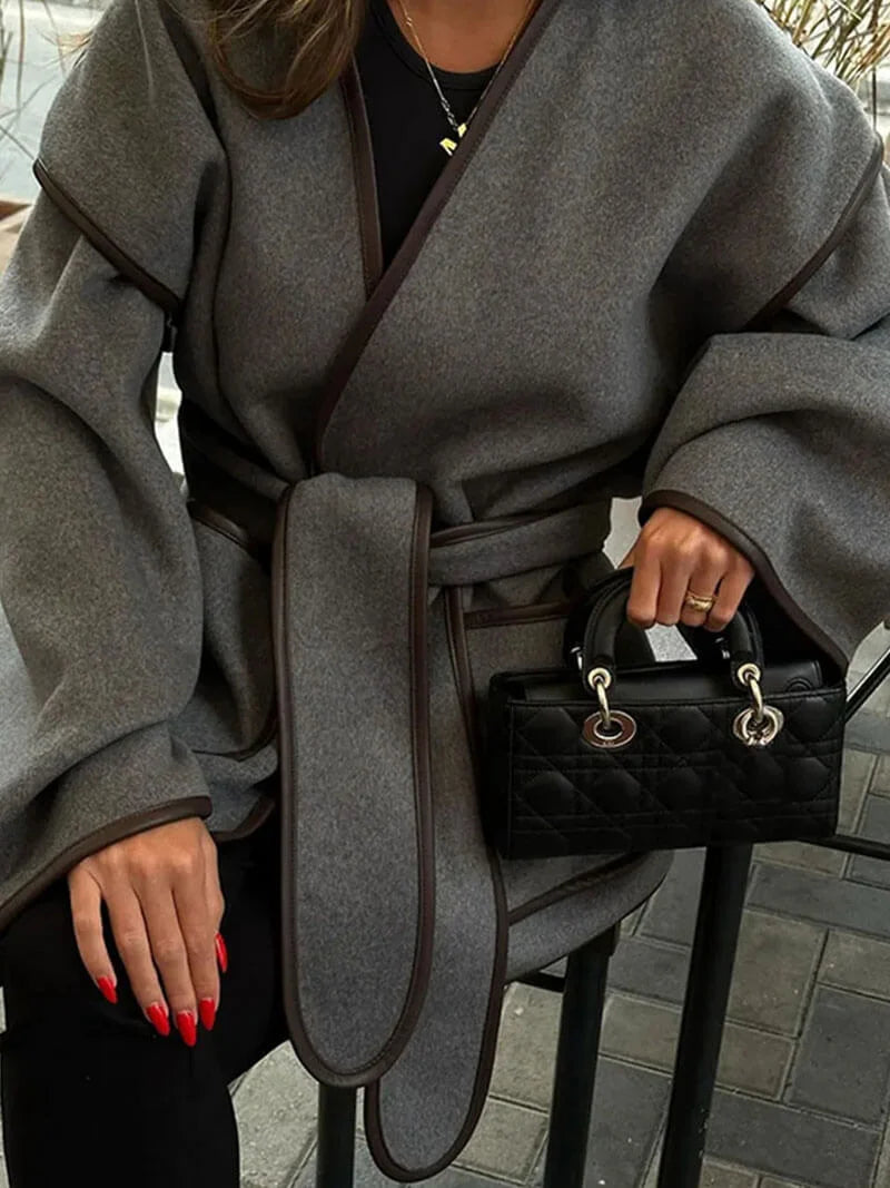 Oversized Coat with Adjustable Waistband and V-Neck 0