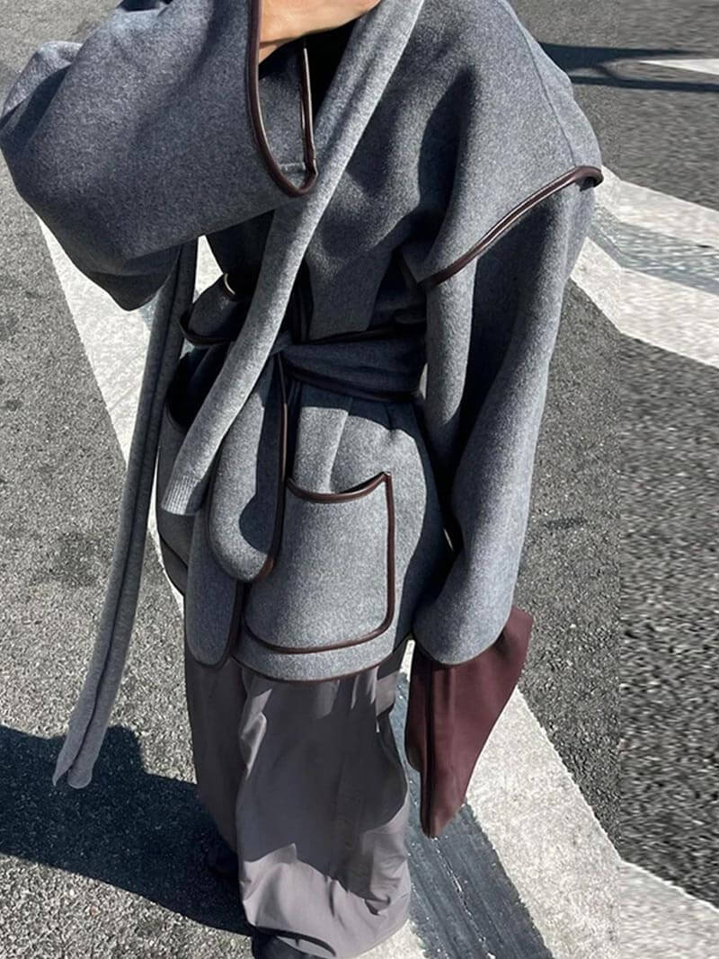 Oversized Coat with Adjustable Waistband and V-Neck 2