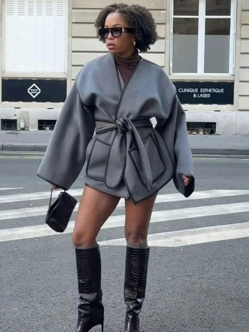 Oversized Coat with Adjustable Waistband and V-Neck 3