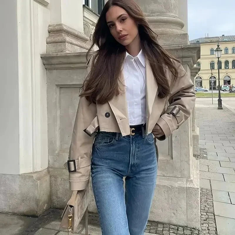 Relaxed Fit Cropped Cotton Trench Coat for Women 2
