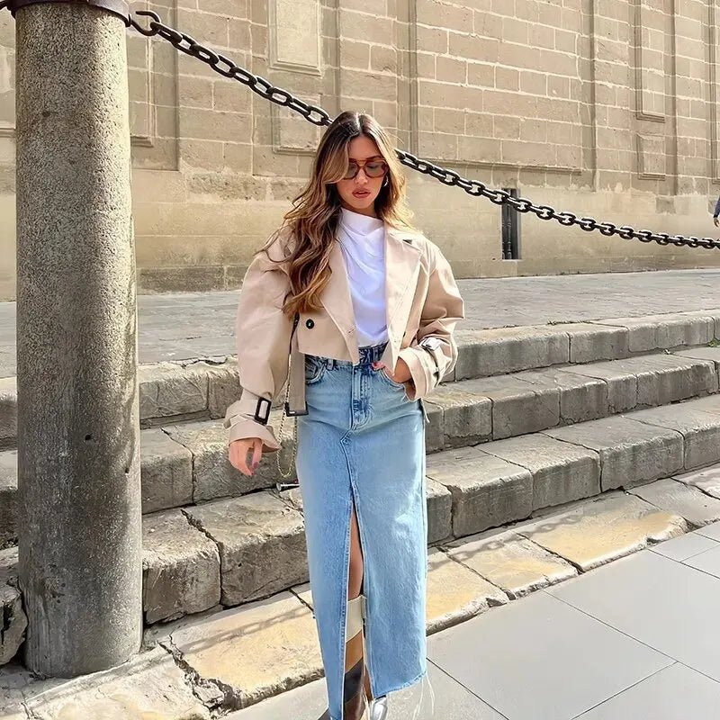 Relaxed Fit Cropped Cotton Trench Coat for Women 3