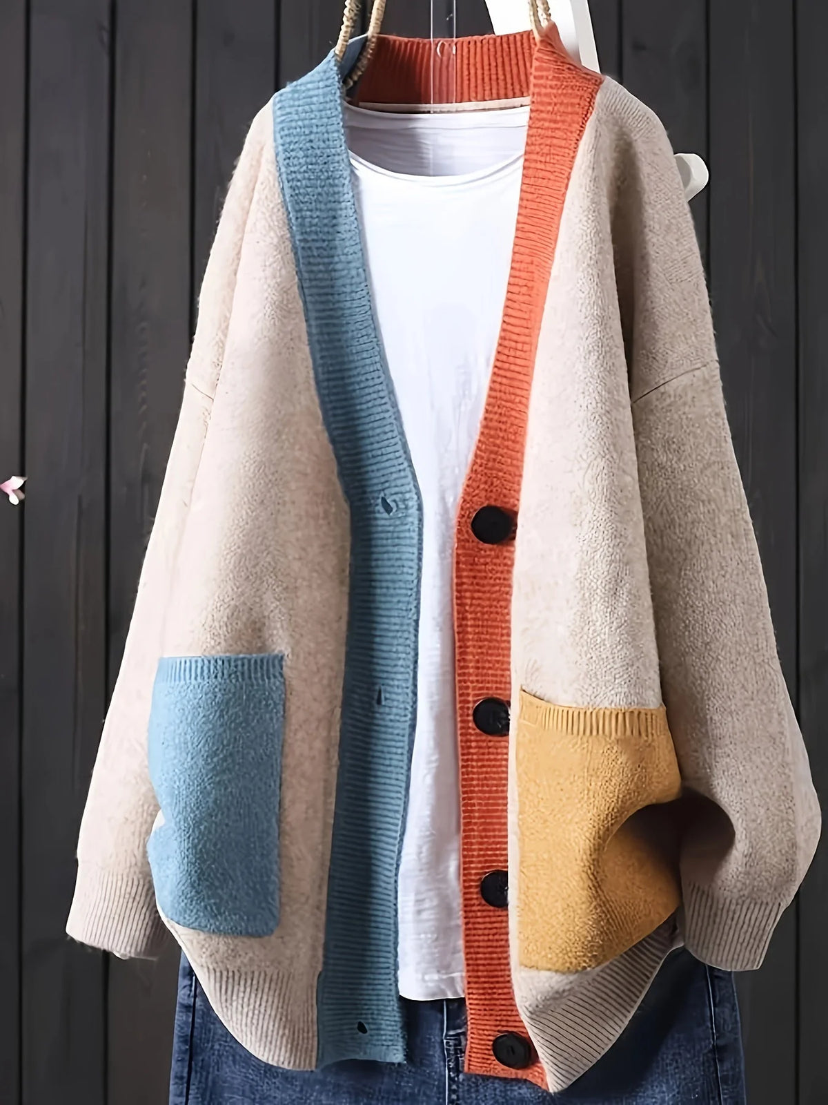 Relaxed Fit Women's Color-Block Cardigan with Button Closure 0