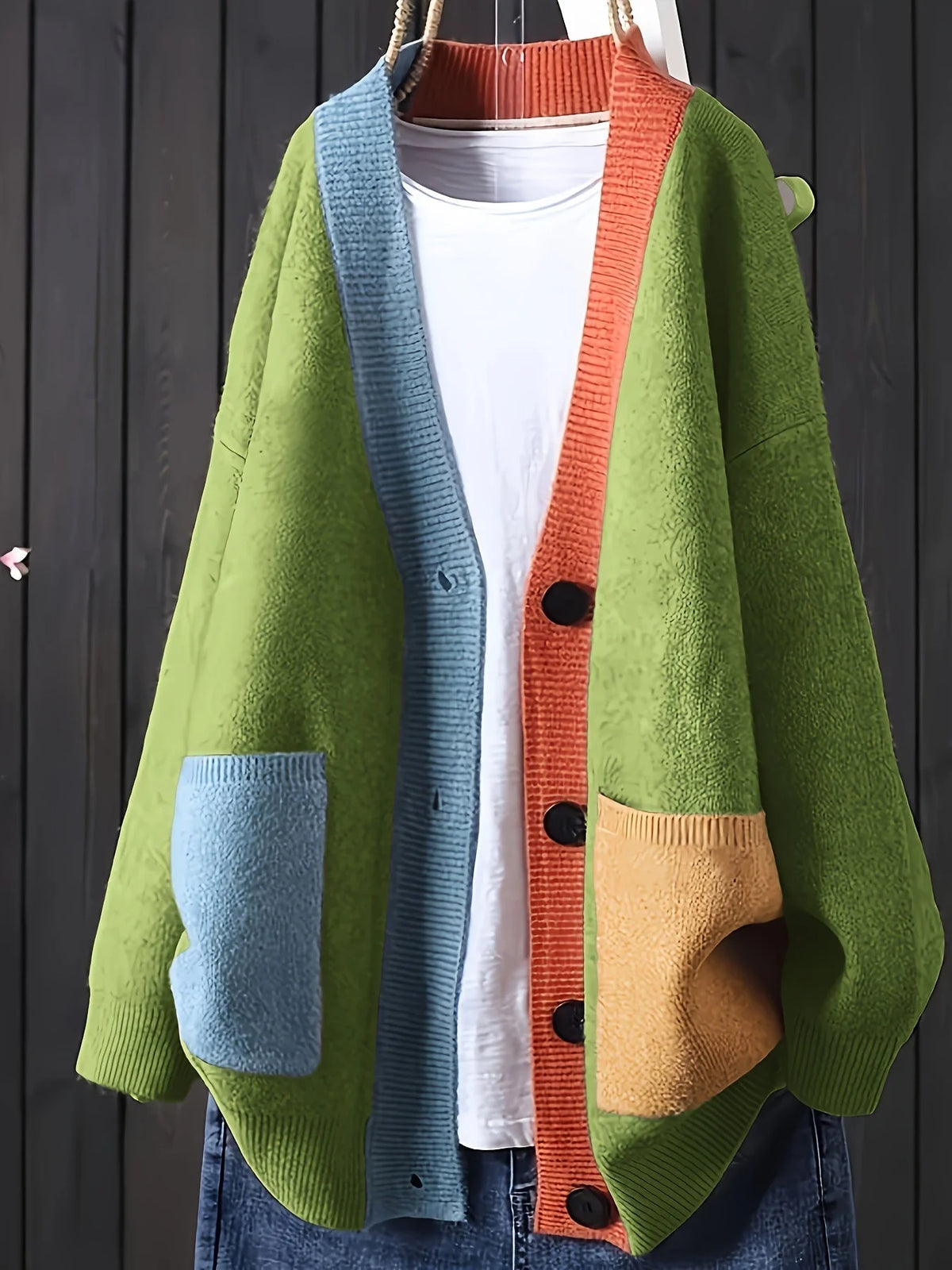 Relaxed Fit Women's Color-Block Cardigan with Button Closure 1