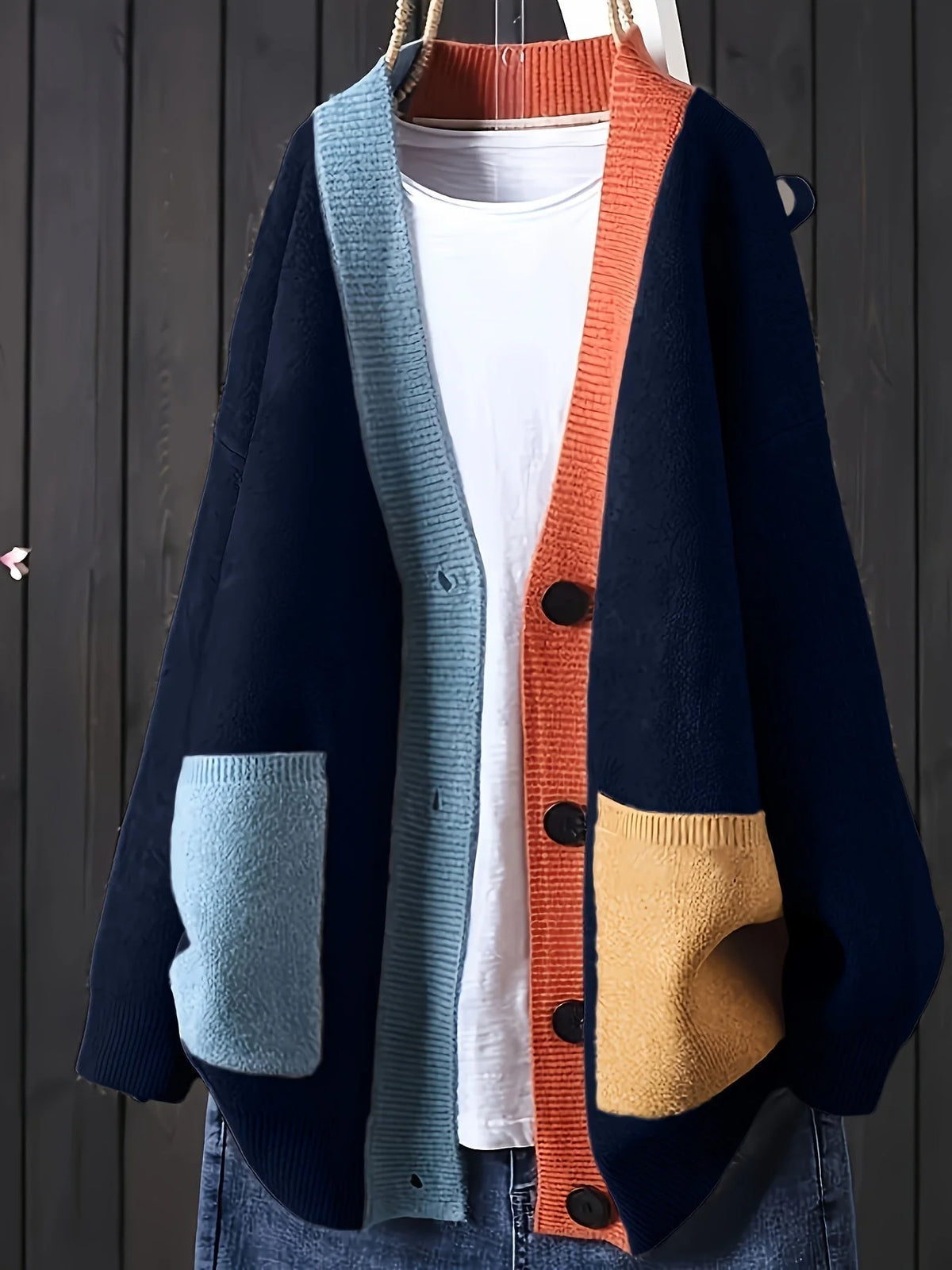 Relaxed Fit Women's Color-Block Cardigan with Button Closure 2