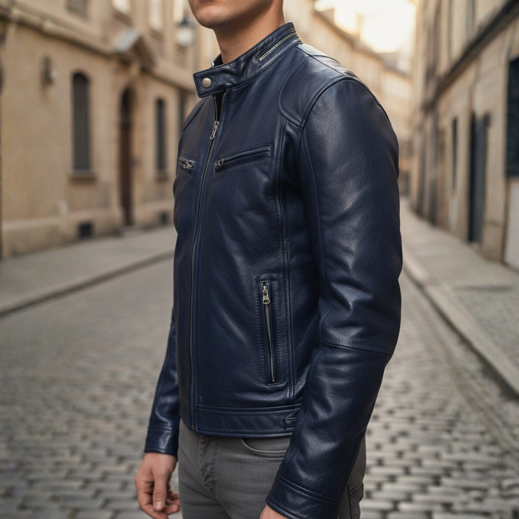 Slim Fit Faux Leather Biker Jacket for Men featuring zip pockets, stylish design, and a modern silhouette. 0