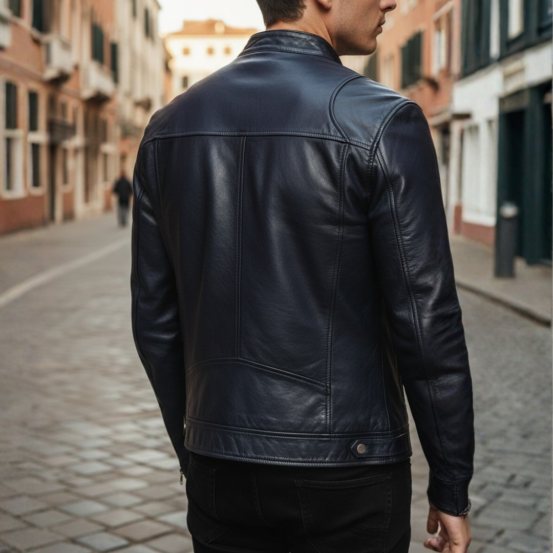 Slim Fit Faux Leather Biker Jacket for Men featuring zip pockets, stylish design, and a modern silhouette. 1