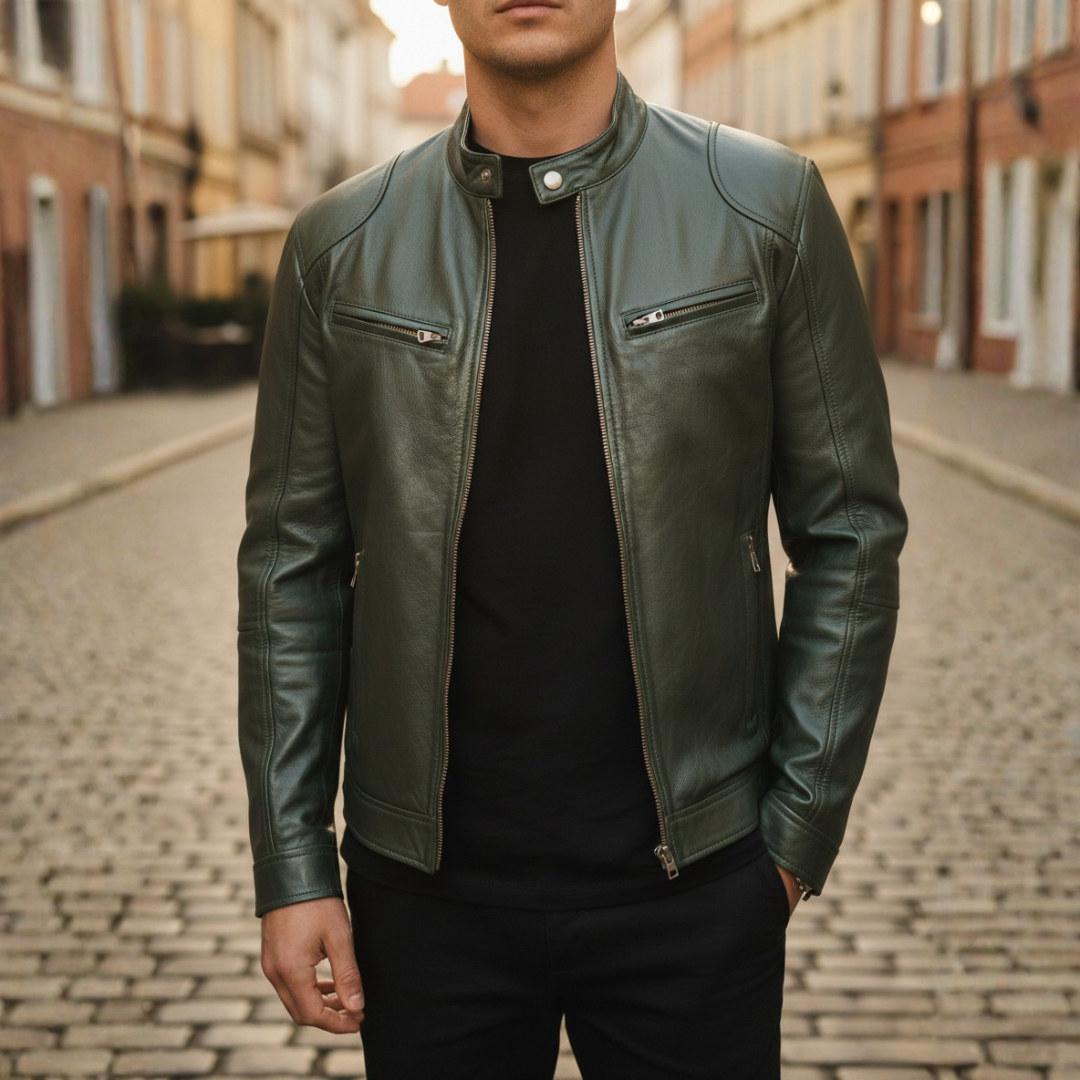 Slim Fit Faux Leather Biker Jacket for Men featuring zip pockets, stylish design, and a modern silhouette. 11