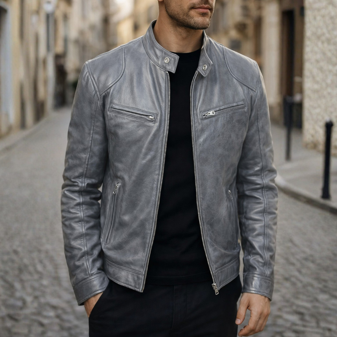 Slim Fit Faux Leather Biker Jacket for Men featuring zip pockets, stylish design, and a modern silhouette. 12