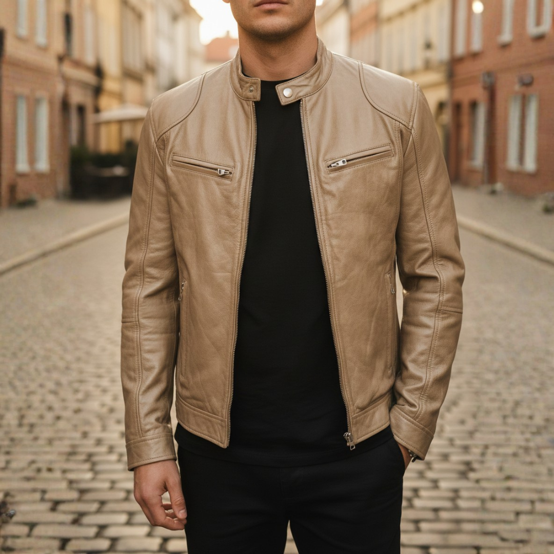 Slim Fit Faux Leather Biker Jacket for Men featuring zip pockets, stylish design, and a modern silhouette. 4