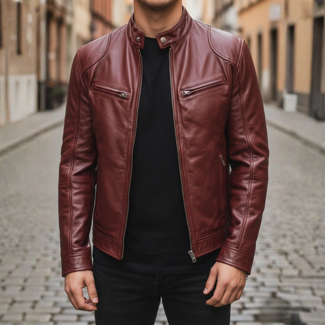 Slim Fit Faux Leather Biker Jacket for Men featuring zip pockets, stylish design, and a modern silhouette. 5